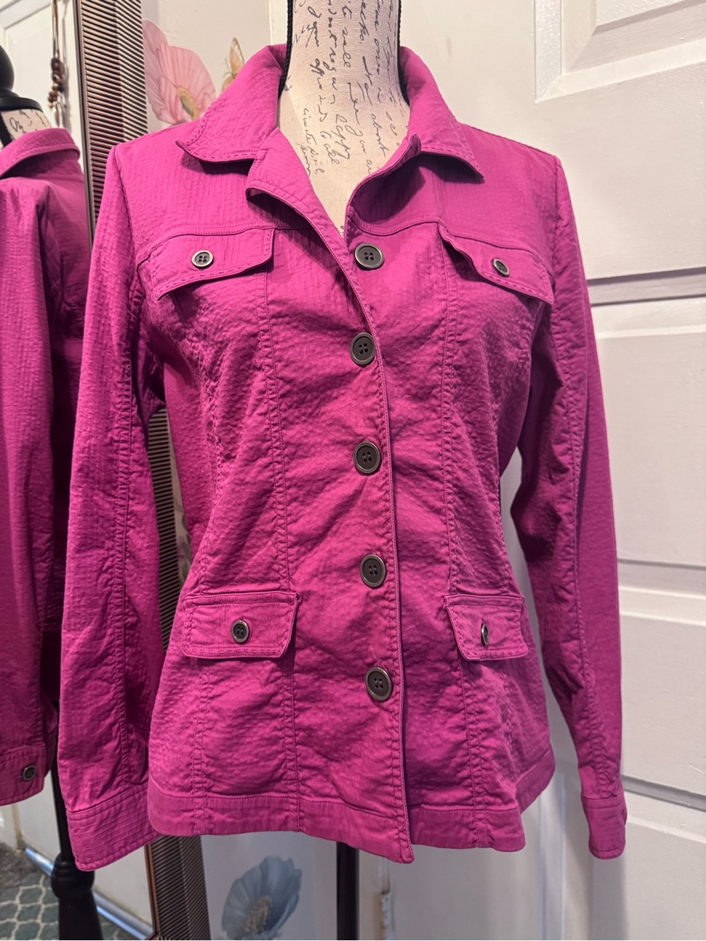 Christopher & Banks Bright Magenta Button-Up Jean Jacket